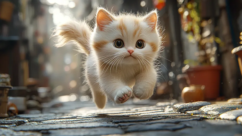A fluffy cream-colored kitten with orange markings leaps across a cobblestone street bathed in sunlight.  Its large, round eyes and tiny paws are prominent. The background is blurred but shows a charming, slightly aged alleyway with potted plants, suggesting a quaint setting. The kitten's playful energy and the soft light create a heartwarming and captivating image.