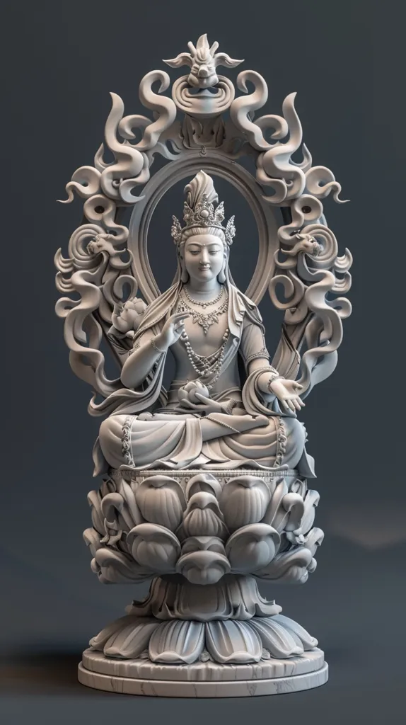 This is a detailed 3D-rendered image of a Guanyin statue.  The serene figure sits in a lotus throne, adorned with intricate carvings.  A decorative, ornate frame surrounds her, featuring stylized flames or clouds and dragon-like motifs.  The statue's smooth, light-grey surface highlights the delicate detailing and flowing robes of the goddess.  The base of the sculpture is also richly decorated with more lotus flower elements.  The overall style suggests a blend of traditional Buddhist artistry with contemporary digital modeling techniques.