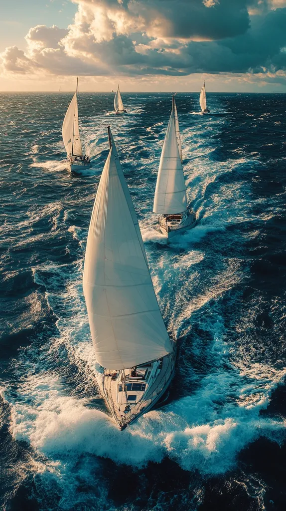 An aerial shot captures a thrilling yacht race at sunset. Five sailboats navigate a turbulent, deep blue sea, their white sails billowing against a dramatic sky.  The leading yacht dominates the foreground, its wake churning white water.  The overall impression is one of speed, competition, and the raw power of nature.  The clouds are heavy with a hint of golden light from the setting sun, enhancing the dynamic scene.