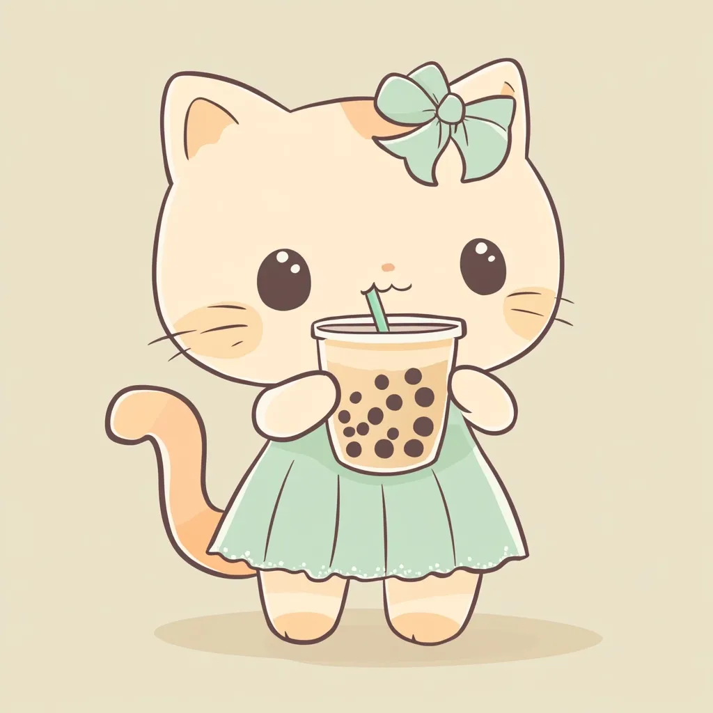 An adorable cartoon cat, light beige with orange patches, wears a mint green dress and a light green bow.  Its large, expressive eyes are captivating. The cat delicately holds a cup of boba tea, a straw protruding from the top. The overall style is cute and whimsical, with soft pastel colors and simple lines. The image evokes feelings of sweetness and playfulness.