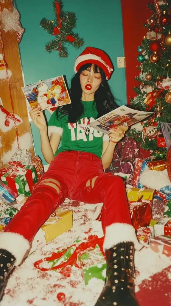 Here's a description of the image:

A young woman with long black hair, wearing a green Christmas-themed t-shirt, red ripped jeans, a Santa hat, and black studded boots, sits amidst a pile of Christmas presents and artificial snow.  She holds a Christmas card in one hand and a magazine or comic book in the other.  A decorated Christmas tree stands in the background. The overall aesthetic is vibrant and slightly retro, with a bold color palette of red, green, and white. The scene evokes a festive, playful mood.