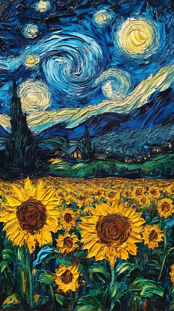A vibrant impasto painting, reminiscent of Van Gogh's style, depicts a field of sunflowers under a swirling, starry night sky.  The sunflowers are rendered in thick, textured strokes of yellow and brown, contrasting with the deep blues and greens of the night sky and distant hills.  The sky features prominent yellow stars and a swirling vortex of blue, creating a dynamic and energetic composition.  A small village is nestled in the hills, adding depth to the scene. The overall effect is a rich, textured, and evocative portrayal of nature.