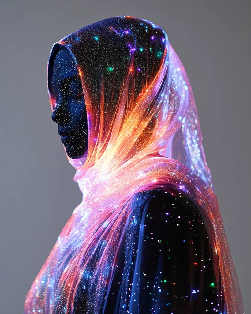 A mannequin wears a luminous hijab, a sheer, flowing garment embedded with fiber optic lights. The lights emit a spectrum of warm and cool colors, creating a celestial effect. The hijab drapes elegantly, showcasing a blend of pink, orange, blue, and purple hues.  The dark mannequin's face is partially obscured, adding to the ethereal and otherworldly ambiance of the image. The overall aesthetic is modern, futuristic, and subtly mystical.