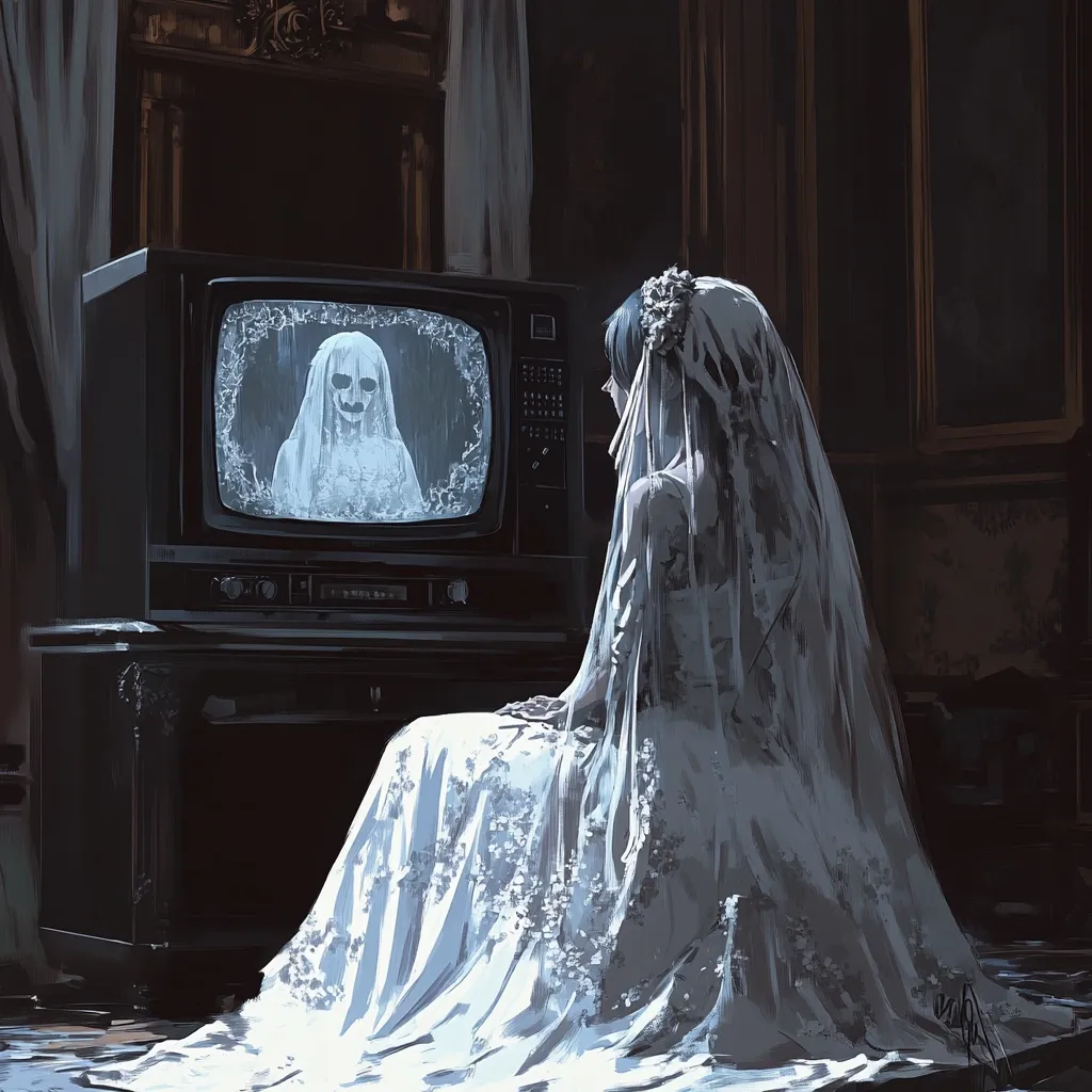 A bride in a long, flowing wedding gown and veil sits before a vintage television set. The screen displays a ghostly figure, its face pale and unsettling. The scene is set in a dark, ornate room, creating a somber and eerie atmosphere. The contrast between the bride's elegant attire and the ghostly image on the screen emphasizes a sense of unease and mystery. The overall impression is one of gothic romance tinged with horror.