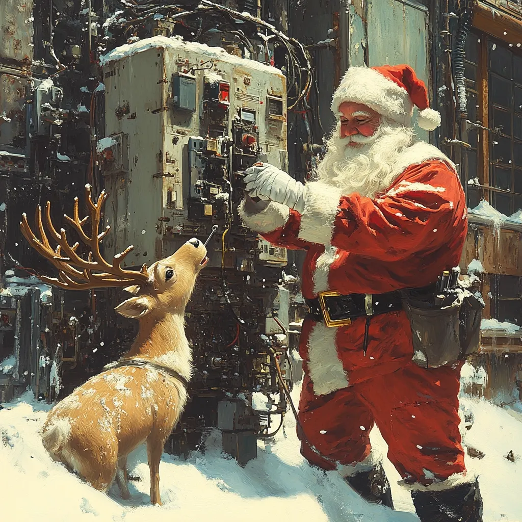 Santa Claus, in his traditional red suit, is shown working on a weathered electrical box in a snowy, industrial setting.  Snow dusts his suit and the ground.  A reindeer, adorned with antlers, stands patiently beside him, seemingly watching Santa's work.  The scene is a whimsical juxtaposition of the festive and the gritty, hinting at a magical, post-apocalyptic or steampunk Christmas.  The overall style is painterly and detailed.