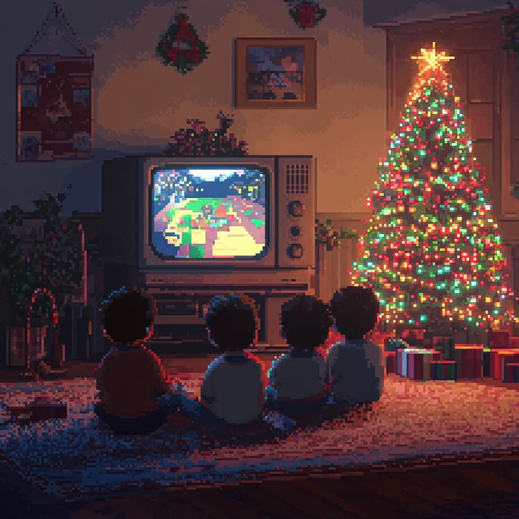 Here's a description of the image:

The pixel art depicts a cozy Christmas scene.  Four children sit on a rug before a vintage television, engrossed in a video game. A brightly lit Christmas tree stands to the right, surrounded by presents. The room is warmly lit, featuring a classic television set and framed artwork on the wall. The overall aesthetic is nostalgic and reminiscent of Christmases past. The image uses a retro pixel art style, adding to the charming and sentimental feel.