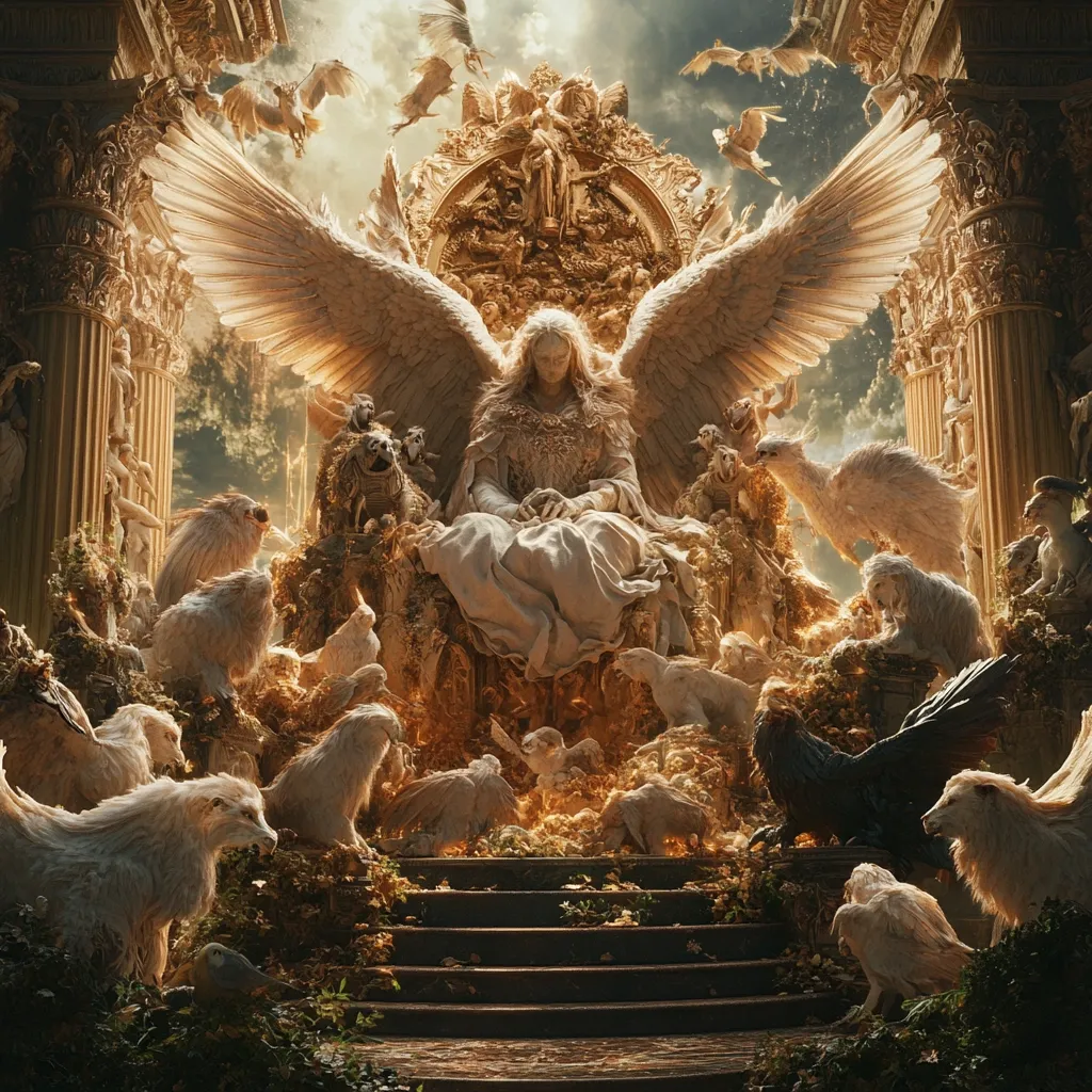 A majestic angel, adorned in flowing robes and vast, luminous wings, sits enthroned within a golden, ornate chair.  Surrounding her is a multitude of serene, pale creatures—sheep, birds, and other fantastical animals—creating a peaceful, ethereal scene.  The backdrop features classical architecture and a cloudy sky, hinting at a divine or celestial realm. The overall tone is one of serene power and spiritual grace.