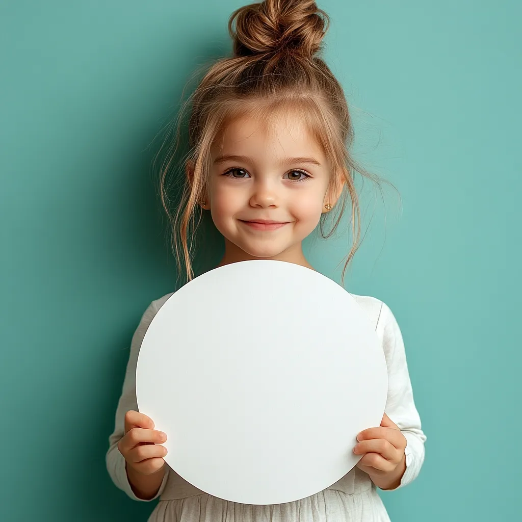 A charming young girl with her light brown hair styled in a top knot smiles at the camera.  She's wearing a light beige, long-sleeved dress and holds a large, blank white circle in front of her chest. The backdrop is a solid teal, providing a vibrant contrast to her attire and the white circle. The overall image is bright, cheerful, and evokes a feeling of innocence.