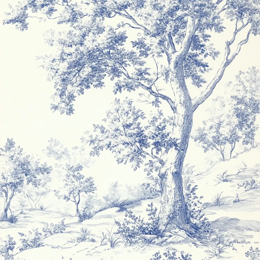 Here's a description of the image:

The image is a delicate, blue-toned illustration reminiscent of toile de Jouy, depicting a serene woodland scene.  A prominent, large tree stands at the center, its trunk textured and branches spreading widely, creating a canopy overhead. Smaller trees and shrubs populate the gentle, rolling hills in the foreground and background, rendered with fine lines suggesting leaves and grass. The overall style is detailed yet airy, with a light, almost ethereal quality due to the pale blue ink on a cream-colored background. The scene evokes a sense of calm and peaceful nature.