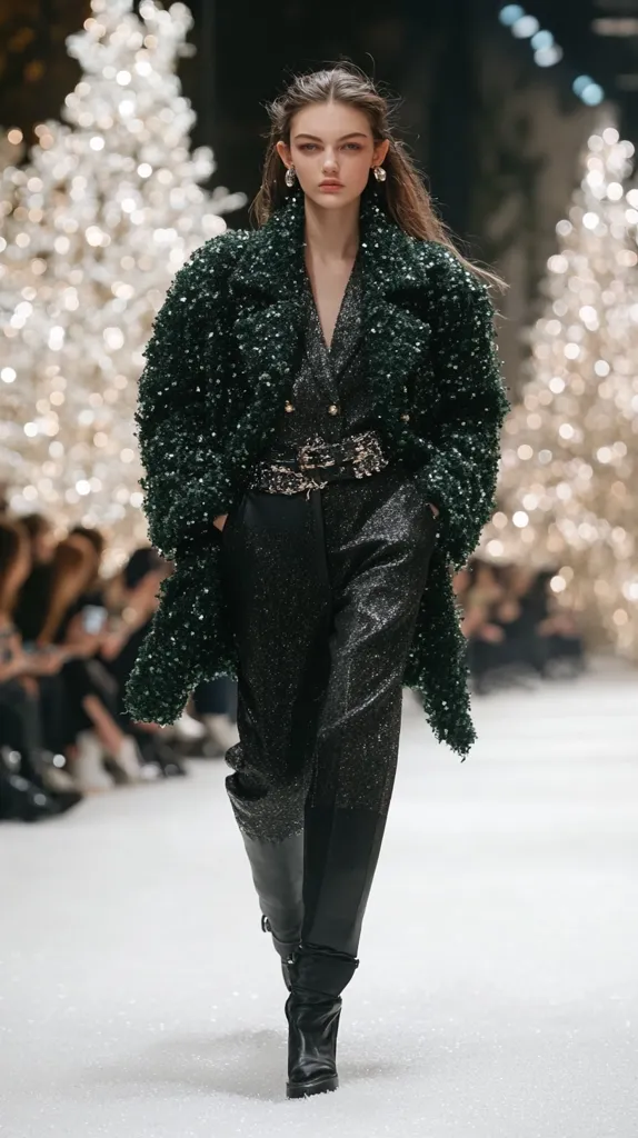 A fashion model strides down a runway adorned with artificial snow, showcasing a chic winter ensemble.  She wears a dark green, textured, cropped coat over a shimmering black jumpsuit.  A patterned belt cinches her waist, and she's accessorized with elegant earrings and tall black boots. The background features several glistening Christmas trees, creating a festive backdrop for the runway show. The overall aesthetic is one of sophisticated elegance and winter glamour.