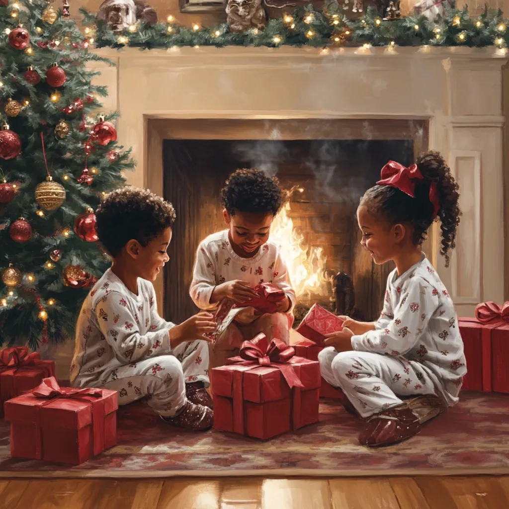 A heartwarming Christmas scene depicts three Black children in matching pajamas, gathered around a roaring fireplace.  A beautifully decorated Christmas tree stands nearby.  The children excitedly open presents, their smiles radiating joy. The warm light of the fire and the festive decorations create a cozy and intimate atmosphere, capturing the essence of Christmas morning. The overall style is a realistic painting with soft lighting and attention to detail.