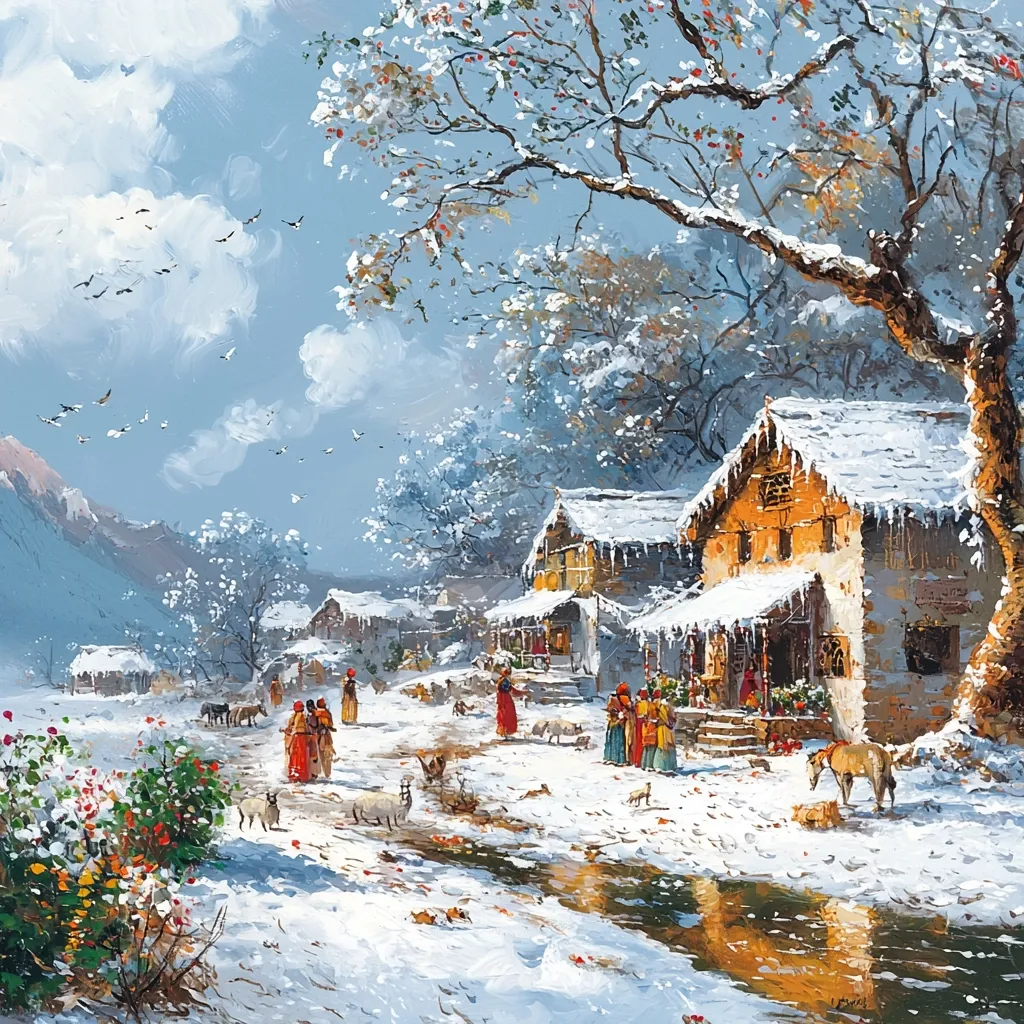 A picturesque winter village scene unfolds, painted in vibrant detail. Snow-covered houses, adorned with icicles, cluster around a central building, possibly a shop.  Figures in colorful clothing gather, adding a touch of life to the snowy landscape.  A small stream reflects the winter light, and a few animals graze peacefully.  Birds fly overhead in a clear blue sky, partially veiled by fluffy clouds, enhancing the tranquil, idyllic atmosphere. The mountain backdrop adds depth and a sense of isolation to this charming winter village.