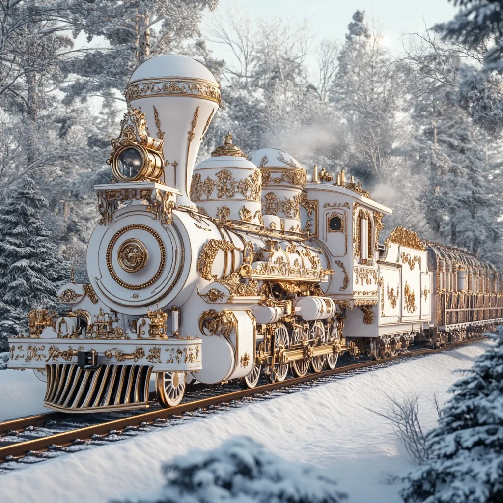 A majestic, ornate steam train, predominantly white with gold embellishments, glides through a snow-covered winter forest.  Intricate detailing adorns the locomotive and carriages, suggesting a luxurious and perhaps historical design.  Steam gently rises from the engine, adding to the romantic and whimsical atmosphere of the scene. The snowy landscape provides a stark contrast to the train's opulent appearance.