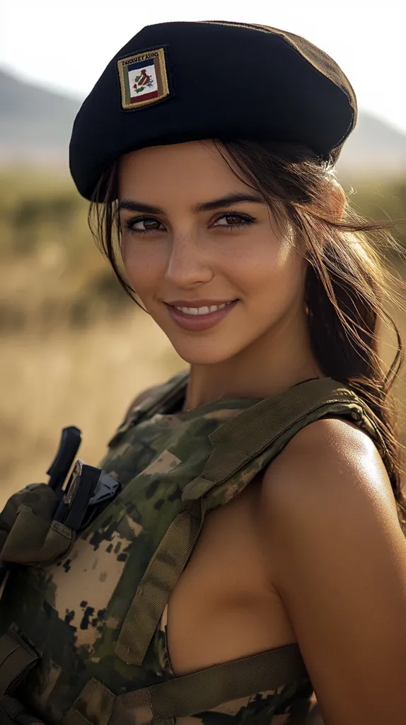 Here's a description of the image:

Close-up view of a young woman with long brown hair wearing a black beret adorned with a patch, possibly military in nature.  She's also in a camouflage vest, suggesting a military or tactical context. Her expression is soft and smiling, creating a contrast between her appearance and the military attire.  The background is blurred but shows a dry, outdoor setting. The overall image presents a juxtaposition of femininity and military aesthetics.