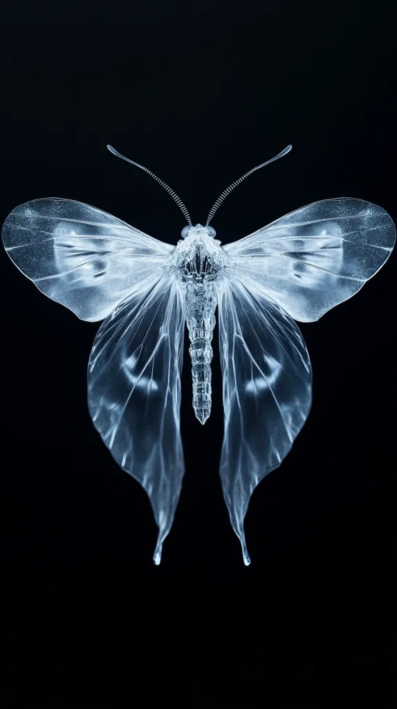 The image shows a moth, seemingly rendered in a translucent, ethereal blue.  Its wings are delicate and intricate, with visible veins, appearing almost glass-like against a stark black background. The body is slender and detailed, showcasing its segmented structure.  The overall effect is one of fragility and otherworldly beauty, suggesting a ghostly or spectral representation of the insect.
