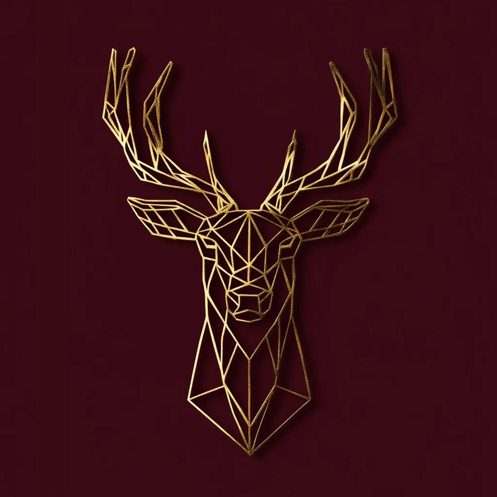 The image shows a geometric, gold-colored deer head against a deep maroon background.  The deer is depicted in a low-polygonal style, its form constructed from interconnected lines creating a triangular pattern. The gold has a subtle textured appearance, giving it a metallic look.  The design is minimalist and elegant, suggesting sophistication and possibly a holiday theme.