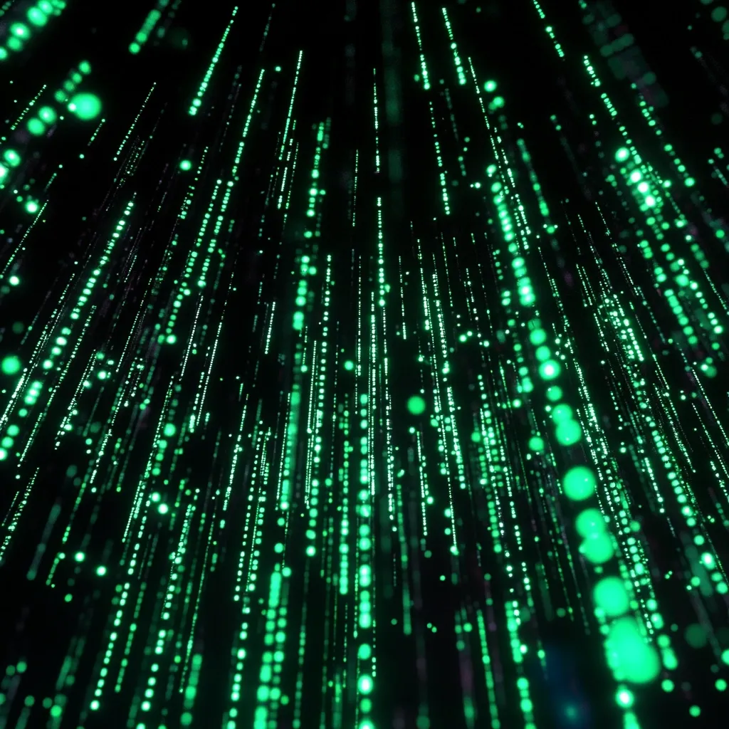 The image depicts a mesmerizing digital rain effect.  Numerous vertical lines of glowing, bright green particles cascade downwards against a stark black background. The particles vary slightly in size and brightness, creating a dynamic, almost three-dimensional effect. The overall impression is one of rapid data flow or a futuristic, technological scene reminiscent of the iconic "Matrix" film.
