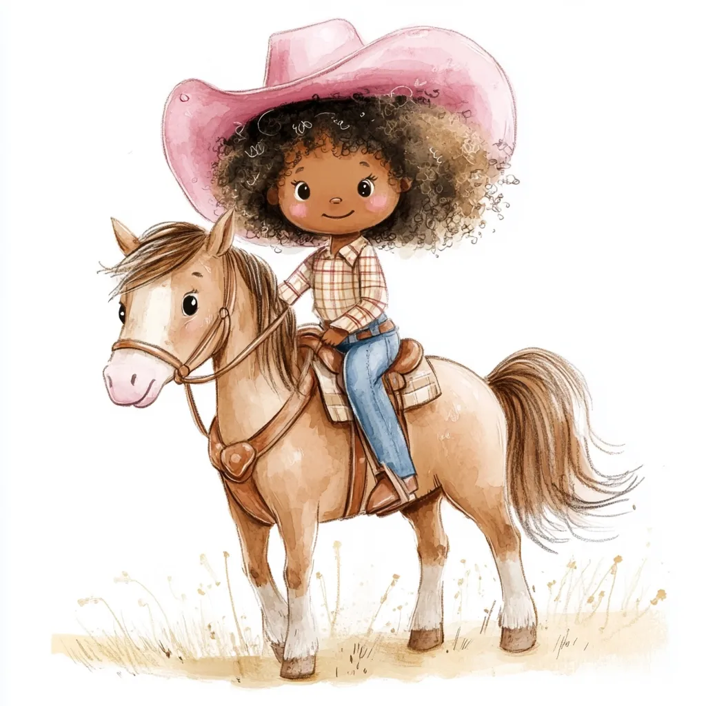 Here's a description of the image:

A charming watercolor illustration depicts a young Black girl with curly hair, wearing a pink cowboy hat and plaid shirt, sitting astride a light brown pony.  The girl's jeans and cowboy boots complete her outfit. The pony is depicted in a gentle, friendly style, with its tail flowing behind it. The scene is set against a simple background suggesting a field with sparse, light-colored grasses. The overall style is cute and whimsical, ideal for children's books or illustrations.