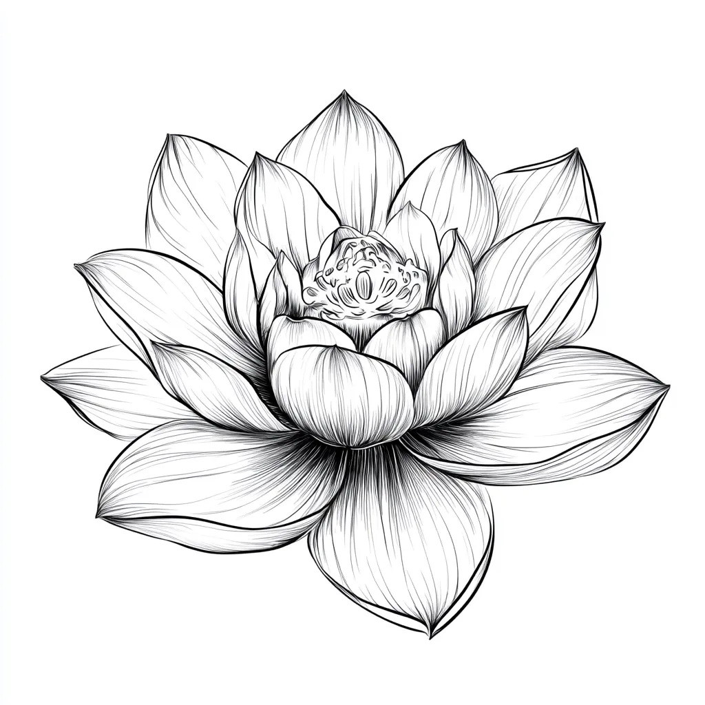 Here's a description of the image:

The image is a detailed black and white line drawing of a lotus flower.  The petals are intricately rendered with numerous fine lines suggesting texture and depth. The flower's central pistil is also clearly defined, showcasing its complex structure. The style is reminiscent of botanical illustration, precise and elegant. The flower is depicted in a slightly angled, three-quarter view, showing its multiple layers of petals. The background is pure white, allowing the flower to stand out prominently.  The overall effect is one of serene beauty and meticulous artistry.