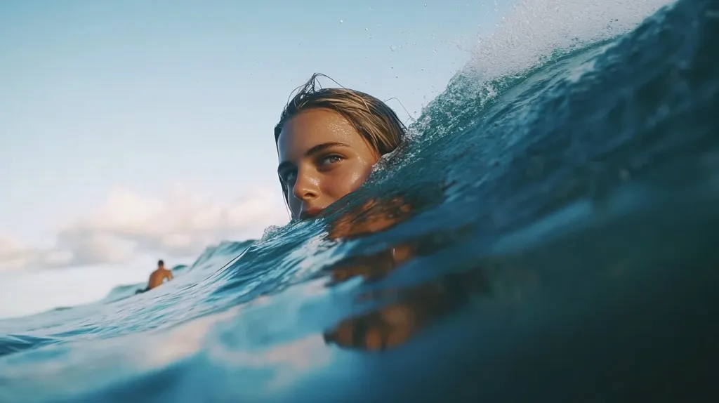Here's a description of the image:

The photo is a captivating underwater shot of a young woman with blonde hair partially submerged in a breaking ocean wave.  Her face, gazing directly at the viewer, is the focal point, framed by the turquoise water.  The wave's movement is dynamic, with splashes and bubbles visible. In the background, a blurred figure of a person appears to be surfing, creating a sense of depth and context within the ocean scene. The overall mood is serene yet energetic, capturing a moment of beauty and action in the water.