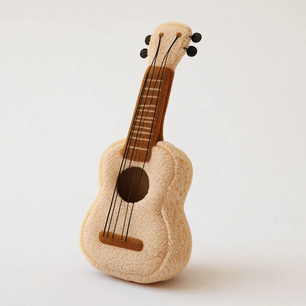 Here's a description of the image:

The image shows a plush toy ukulele.  It's light beige with a brown felt neck and strings. The body is made of soft, fluffy material, giving it a cuddly appearance. The ukulele is positioned at a slight angle, leaning to its left, against a plain white background.  The toy's features, though simplified, accurately depict the shape and details of a real ukulele.  The overall impression is one of softness and childlike appeal.