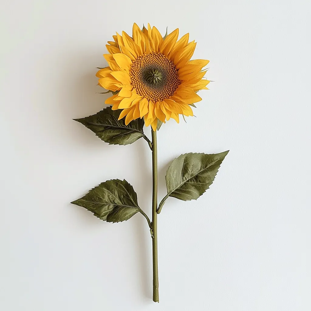 Here's a description of the image:

A single sunflower stands out against a stark white background.  Its vibrant yellow petals surround a dark brown center, and the bloom is positioned slightly off-center.  The stem is long and slender, supporting three dark green leaves, two positioned lower, and one higher up near the flower's base. The overall aesthetic is simple, clean, and minimalist, highlighting the sunflower's beauty.