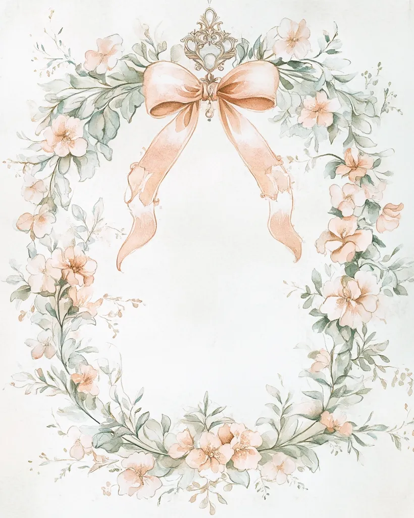 Here's a description of the image:

The image showcases a delicate watercolor painting of a floral wreath in soft peach and sage green hues.  Peach-colored blossoms, resembling roses or similar flowers, are interspersed with muted green leaves, creating a circular frame. A large, pale peach satin bow, adorned with an ornate, light-colored central ornament, sits atop the wreath, forming a focal point. The style is romantic and elegant, reminiscent of vintage illustrations or stationery.  The background is a soft, off-white, allowing the floral wreath and bow to stand out beautifully. The overall effect is one of serene beauty and delicate artistry.