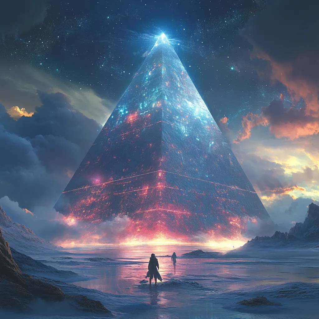Here's a description of the image:

The artwork depicts a colossal, glowing pyramid rising from a frozen, desolate landscape under a starry sky.  The pyramid's surface is a mesmerizing blend of icy blues and fiery oranges, with thin, red lines tracing its structure.  A celestial light emanates from its apex. Two lone figures, cloaked and small in scale, stand on a snow-covered shore, gazing at the massive structure.  The scene blends elements of fantasy and science fiction, creating a sense of awe and mystery.  The color palette is vibrant yet cold, reflecting the contrast between the celestial warmth of the pyramid and the frigid landscape.