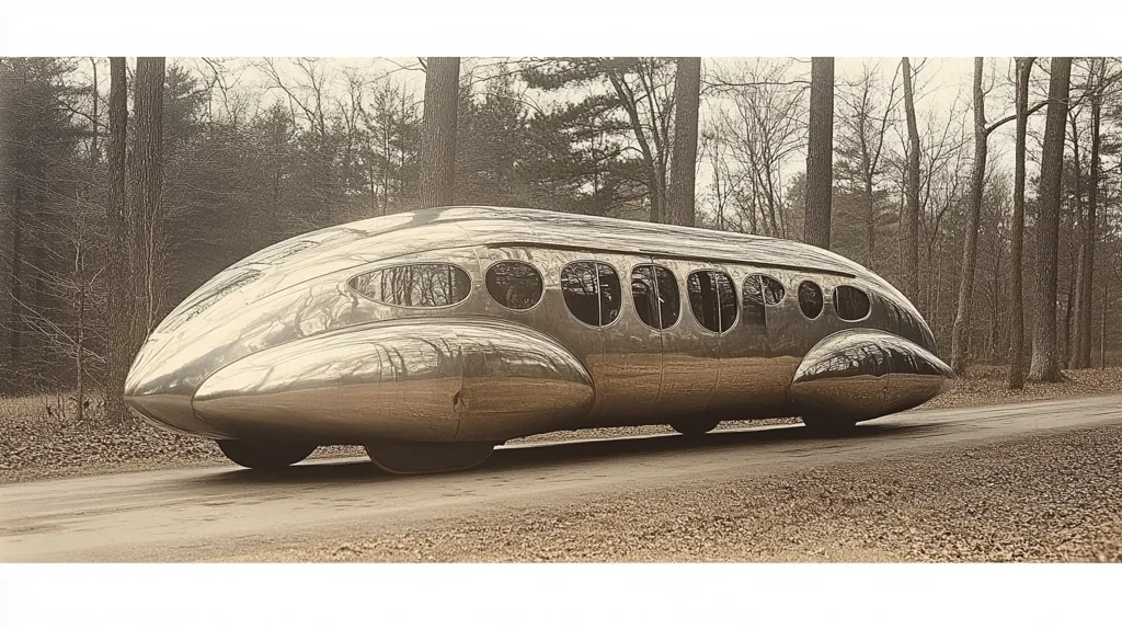 A sepia-toned photograph shows a futuristic, streamlined silver car traveling down a wooded path.  The vehicle is long and bulbous, with rounded edges and numerous porthole-like windows along its side.  The polished metallic surface reflects the surrounding trees and sky. The car appears to be vintage, suggesting an Art Deco or early-mid 20th-century design. The setting is tranquil, with bare deciduous trees lining the road.