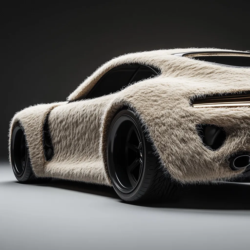 Here's a description of the image:

The image shows a rear three-quarter view of a sleek, modern sports car completely covered in a thick, light beige fur or faux fur. The car's body is smooth and aerodynamic, with dark, stylish rims contrasting sharply with the fluffy exterior. The lighting is dramatic, emphasizing the texture of the fur and the car's curves. The background is a simple, dark gray, drawing all attention to the uniquely textured vehicle. The overall impression is one of unexpected luxury and playful juxtaposition of materials.