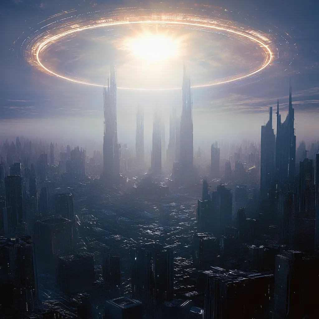 A futuristic city shrouded in mist is depicted, dominated by several towering skyscrapers.  Above, a large, luminous ring encircles a bright, central light source, resembling a celestial event or advanced technology. The overall atmosphere is one of mystery and grandeur, blending elements of science fiction and fantasy. The city's architecture is dark and angular, contrasting with the ethereal glow from above. The scene evokes a sense of awe and perhaps even impending change.