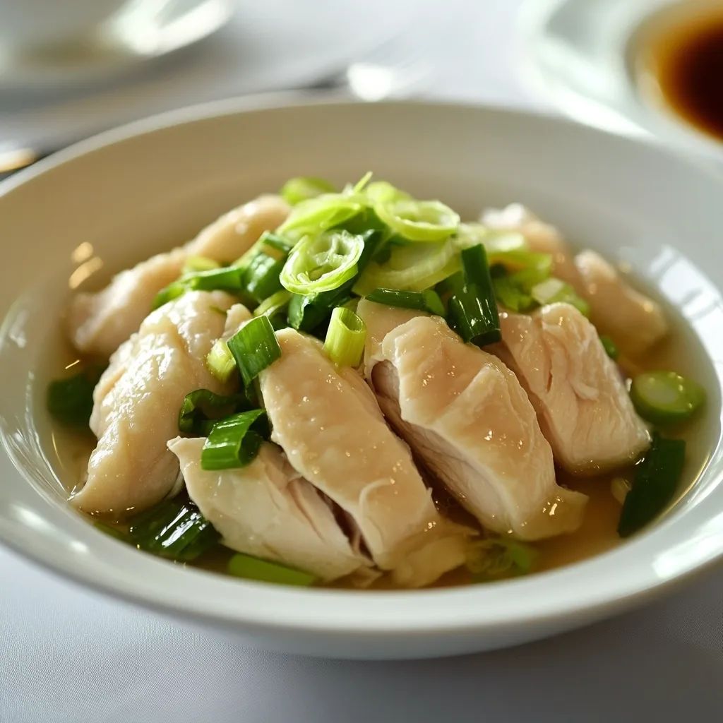 Here's a description of the image:

A close-up shot reveals a white bowl brimming with a light-colored chicken dish.  Tender, poached chicken pieces are arranged artfully, topped with a generous scattering of finely chopped scallions.  The chicken appears moist and delicate, resting in a light broth. The bowl is shallow and wide, showcasing the dish effectively against a softly blurred background, hinting at a restaurant setting. The overall impression is one of simple elegance and deliciousness.