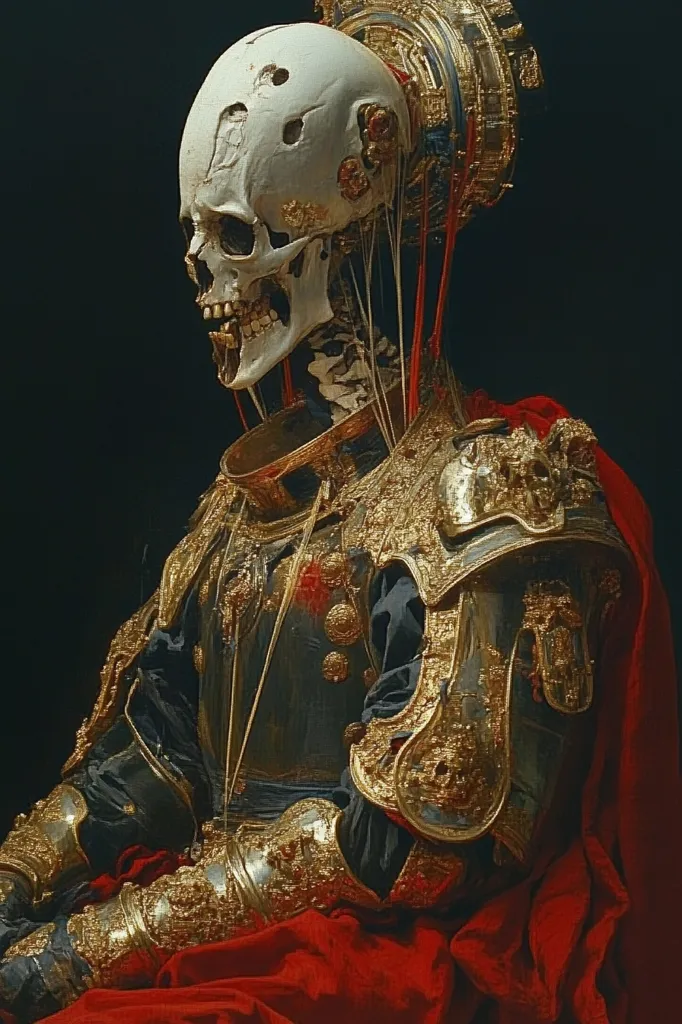 Here is a description of the image:

The artwork depicts a skeletal figure, seemingly a regal personage, adorned in ornate, gold-encrusted armor. The skull is detailed, showing signs of damage or decay, yet its expression appears almost serene.  Thin, red cords or wires are visible, connecting the skull to the elaborate headdress which sits atop. The armor is richly detailed, a blend of dark metal and glittering gold, suggesting power and opulence juxtaposed with death. The figure is seated, draped in a deep red fabric, adding a dramatic contrast to the metallic tones. The overall style blends elements of classical portraiture with macabre fantasy, creating a striking and somewhat unsettling image.