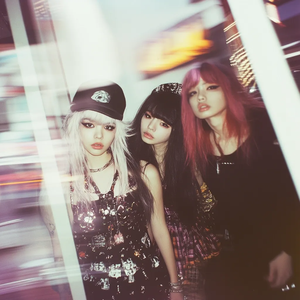 Three young women, styled in a distinctly Japanese Harajuku fashion, pose against a blurred city backdrop.  The woman on the left wears a black baseball cap and a graphic black dress, her long, platinum blonde hair framing her face.  The center woman sports a dark bob and a plaid dress.  The woman on the right has vibrant pink hair and a black top.  The image has a dreamy, motion-blurred effect, adding to the dynamic aesthetic.  Their outfits are heavily accessorized with necklaces and bracelets, completing their bold, edgy look.