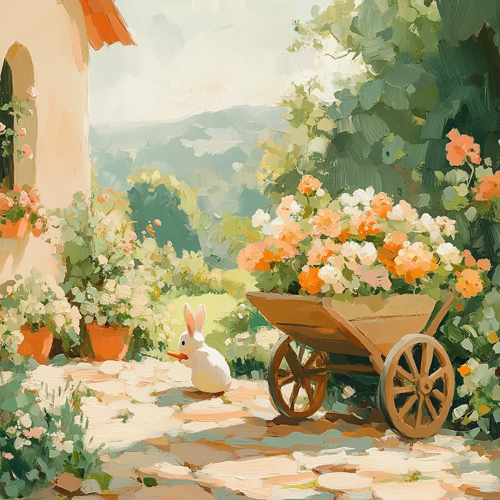 A charming painting depicts a sun-drenched courtyard scene. A rustic wooden wheelbarrow overflowing with peach and white flowers sits on a stone path. A small white rabbit sits nearby, seemingly observing the flowers. Lush greenery and flowering plants surround a pale yellow building, with a picturesque hillside visible in the background under a soft, bright sky. The style is impressionistic, with visible brushstrokes adding texture and vibrancy to the scene. The overall mood is peaceful and idyllic.