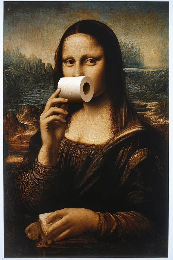 Here's a description of the image:

The image is a humorous adaptation of Leonardo da Vinci's Mona Lisa.  The iconic painting is reimagined with the Mona Lisa holding a roll of toilet paper to her mouth as if it were a cigarette or a drink.  Her expression remains enigmatic, though the incongruity of the toilet paper creates a comedic effect. The background, a blurred rendition of the original landscape, remains largely unchanged, emphasizing the focus on the altered subject. The overall style maintains the dark tones and painterly texture of the original masterpiece, while the added element introduces a modern and unexpected twist.