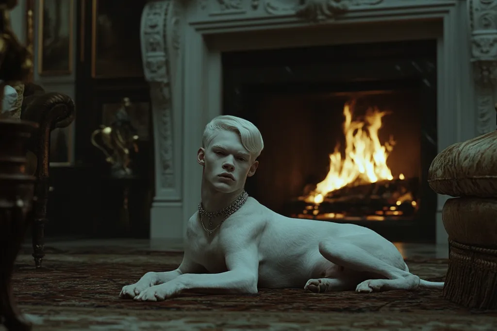 The image shows a pale-skinned young man, seemingly transformed into a dog-like creature.  He lies on a richly patterned rug before a roaring fireplace in a luxurious, dimly lit room. The setting suggests opulence and perhaps a hint of surrealism.  The man's expression is serious, and he wears a delicate necklace.  The overall mood is dark, dramatic, and slightly unsettling.  The contrast between his human-like face and canine body is striking.