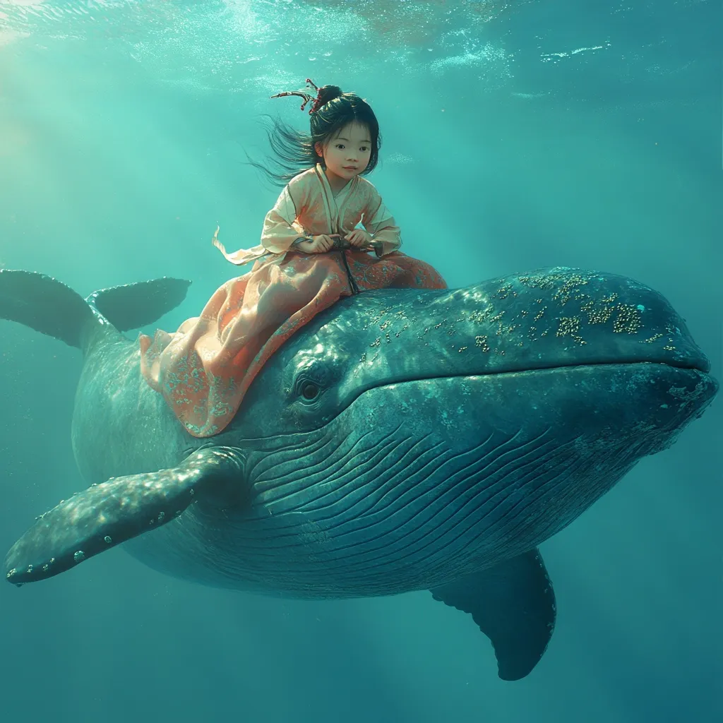 Underwater, a young girl in a peach-colored traditional Chinese dress sits atop a massive whale.  The whale, a gentle giant, appears calm and serene.  The turquoise water is clear, allowing ample light to illuminate the scene. The girl's dark hair flows around her, and she holds onto something on the whale's back. The image evokes a sense of fantasy and peaceful coexistence between human and nature.