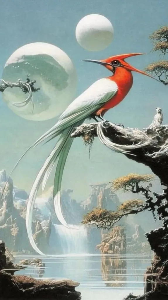 A vibrant, otherworldly painting showcases a fantastical bird with long, flowing white tail feathers and a red, crested head.  It perches on a gnarled branch overlooking a serene landscape.  Two large, luminous orbs hang in the sky above a tranquil waterfall cascading into a calm body of water.  Miniature bonsai-like trees dot the rocky, ethereal scenery, creating a dreamlike, surreal atmosphere.  The overall impression is one of mystical beauty and quiet tranquility.