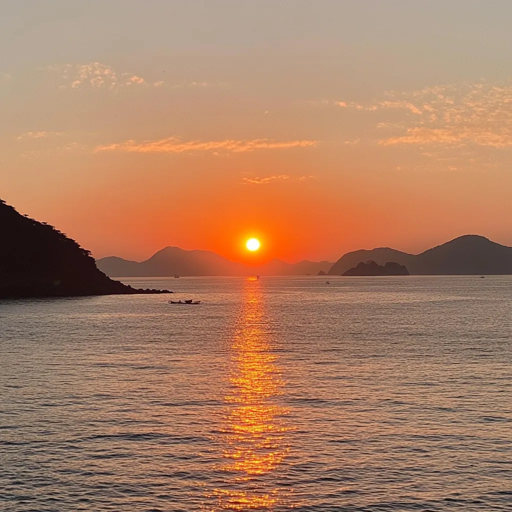 A breathtaking sunset paints the sky in fiery oranges and reds. The large, round sun sits low on the horizon, its reflection shimmering on the calm water.  Silhouetted against the vibrant sky are several low-lying islands or hills, creating a peaceful, tranquil scene. A few small boats are visible on the water, adding a sense of scale to the vastness of the ocean and sky. The overall mood is serene and awe-inspiring.