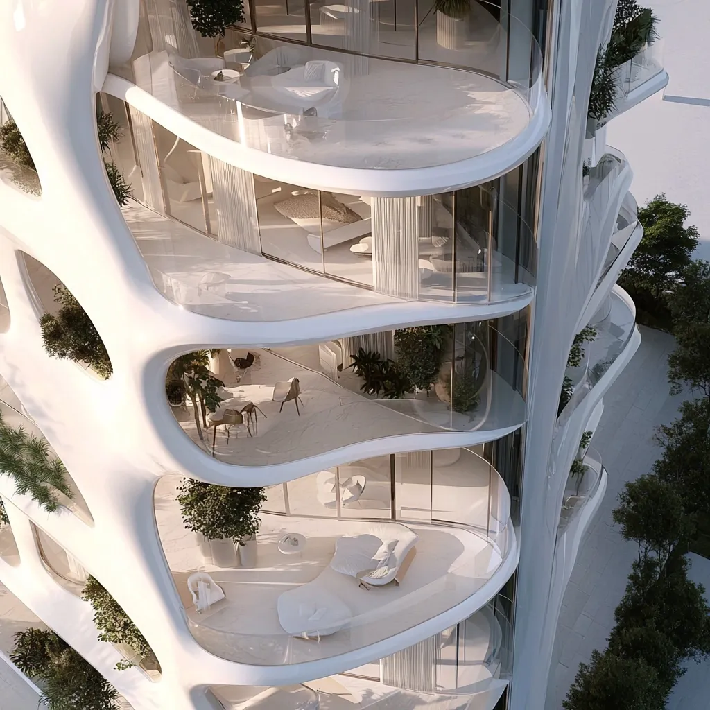 Here's a description of the image:

The image shows a close-up view of a section of a modern, high-rise residential building with a unique, organic design. The building's exterior is white and curvaceous, resembling flowing, sculpted forms. Each floor features expansive balconies with floor-to-ceiling glass windows, offering panoramic views. The balconies are furnished with minimalist, white lounge furniture, and some include potted plants and small trees, integrating nature into the design. The overall aesthetic is one of luxury, serenity, and innovative architecture.  The building is surrounded by lush greenery.