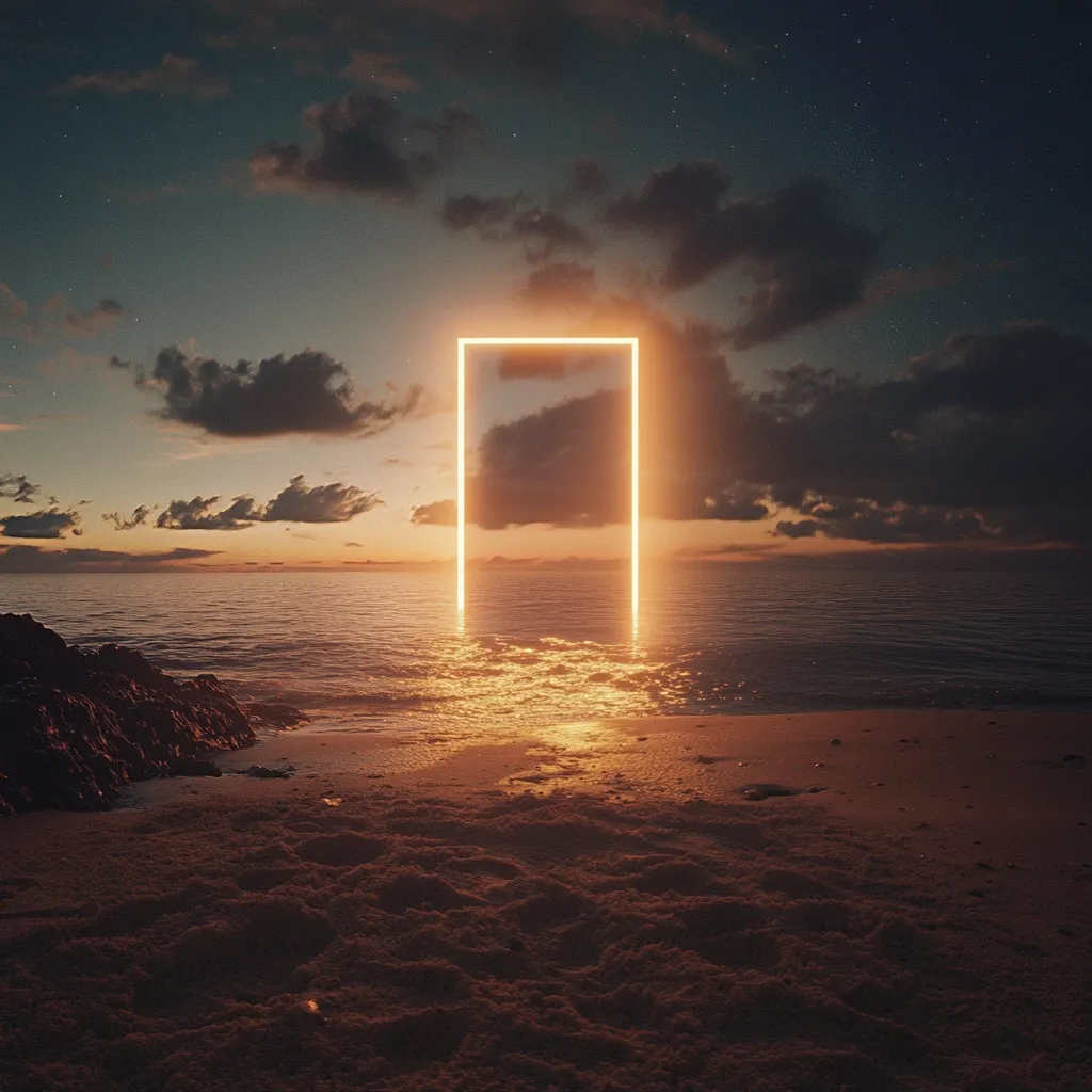 A serene beach scene at sunset is enhanced by a luminous, rectangular frame seemingly emerging from the water. The warm glow of the setting sun illuminates the frame, casting a soft, golden light on the sand and waves. Dark clouds fill the sky above, adding depth and contrast to the overall image. The frame acts as a captivating focal point, suggesting a portal or gateway to another realm. The tranquil atmosphere is further enhanced by the rocky shoreline and the calm ocean. The overall effect is one of ethereal beauty and mysterious wonder.