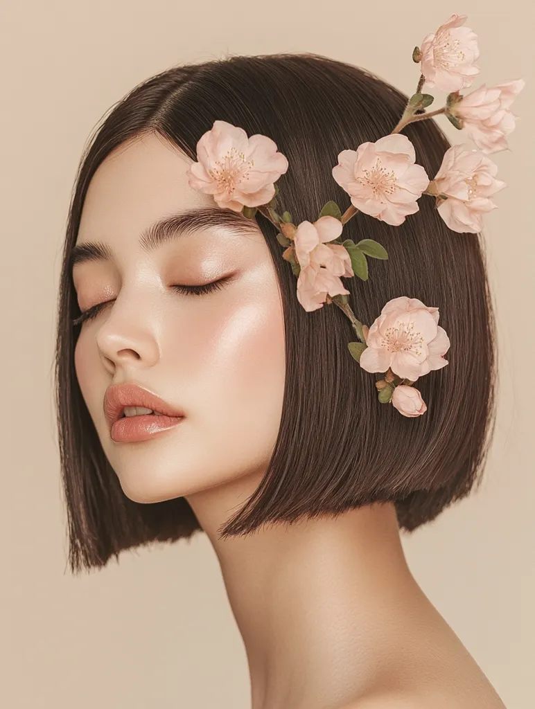 Close-up view of a young woman with a blunt bob hairstyle.  Delicate, light pink blossoms are artfully arranged in her hair, cascading down her side.  Her eyes are closed, and her makeup is minimal and natural, enhancing her smooth skin. The overall aesthetic is serene and elegant, with soft lighting and a neutral background. The image evokes a sense of calmness and beauty.
