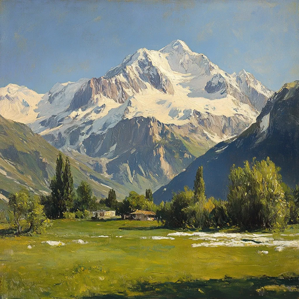 A sunlit landscape painting depicts a majestic snow-capped mountain range dominating the background.  The foreground showcases a verdant meadow, dotted with small trees and a few simple structures, suggesting a peaceful, rural setting.  Tall, slender evergreens punctuate the valley, leading the eye towards the towering peaks. The artist uses a loose, impressionistic brushstroke, creating a sense of depth and atmosphere in the mountainous scene.  The light suggests a clear, bright day.