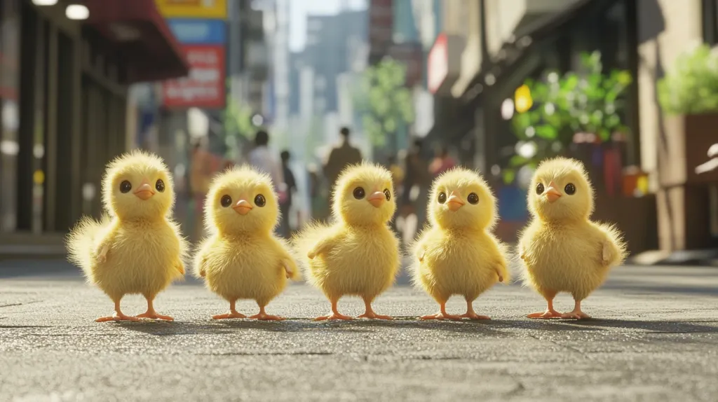 Five fluffy yellow chicks stand in a row on a city street.  They are small and appear to be newly hatched. The chicks are facing the camera, and the background is blurred, showing a bustling city street with pedestrians and buildings. The image is brightly lit, with sunlight illuminating the chicks' soft feathers. The overall scene is charming and creates a whimsical contrast between the adorable chicks and the urban environment.