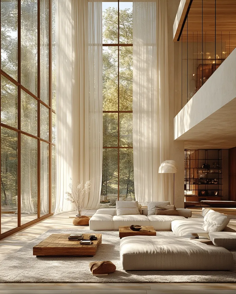Sunlight streams through floor-to-ceiling windows in a minimalist living room.  Sheer, off-white curtains softly diffuse the light.  A low, modular, off-white sofa dominates the space, arranged in an L-shape.  A large, rustic wooden coffee table sits in the center of a light beige rug.  The overall aesthetic is serene, modern, and minimalist, emphasizing natural light and neutral tones.  A glimpse of a wooden staircase and shelving unit is visible, completing the calming atmosphere.