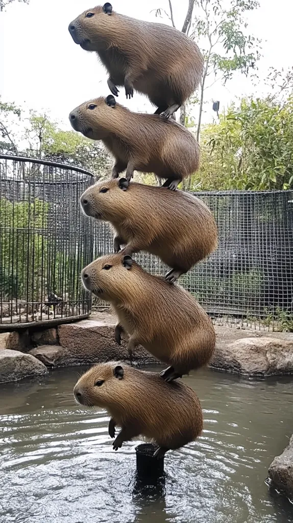 Five capybaras are stacked on top of each other, creating a comical vertical column.  They appear relaxed, perched on a dark post above a shallow pool of water.  The background features a wire fence and lush green vegetation, suggesting a zoo or wildlife enclosure. The capybaras are brown and furry, with each one sitting comfortably on the one below. The scene is both amusing and visually striking.