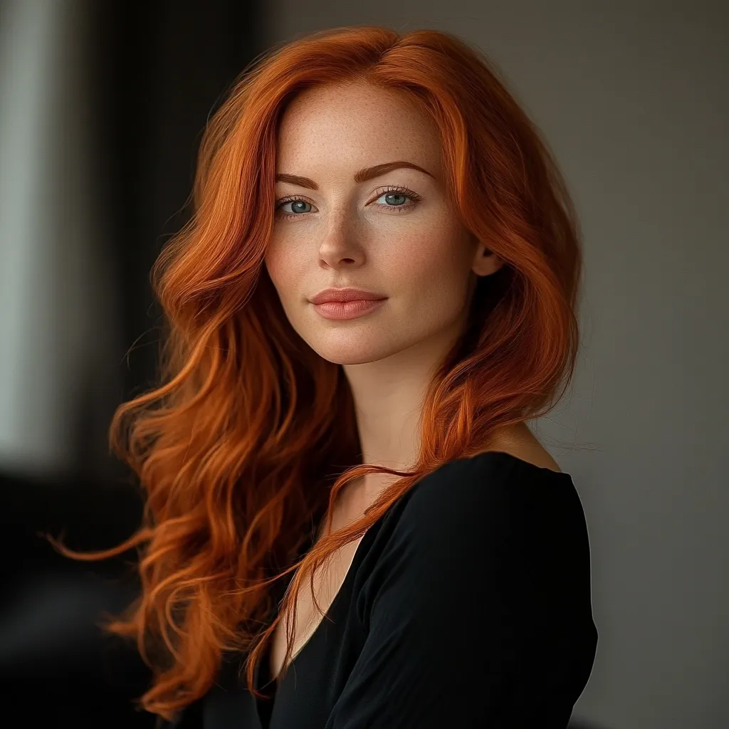 Here's a description of the image:

Close-up portrait of a young woman with vibrant, long, wavy ginger hair that cascades down her shoulders.  She has fair skin, light freckles, and light blue eyes. Her expression is serene and subtly suggestive, looking directly at the camera. She is wearing a simple, dark-colored, close-fitting top. The background is blurred, a neutral gray tone that keeps the focus firmly on the subject's striking features and hair. The overall mood is sophisticated and visually appealing, emphasizing natural beauty.