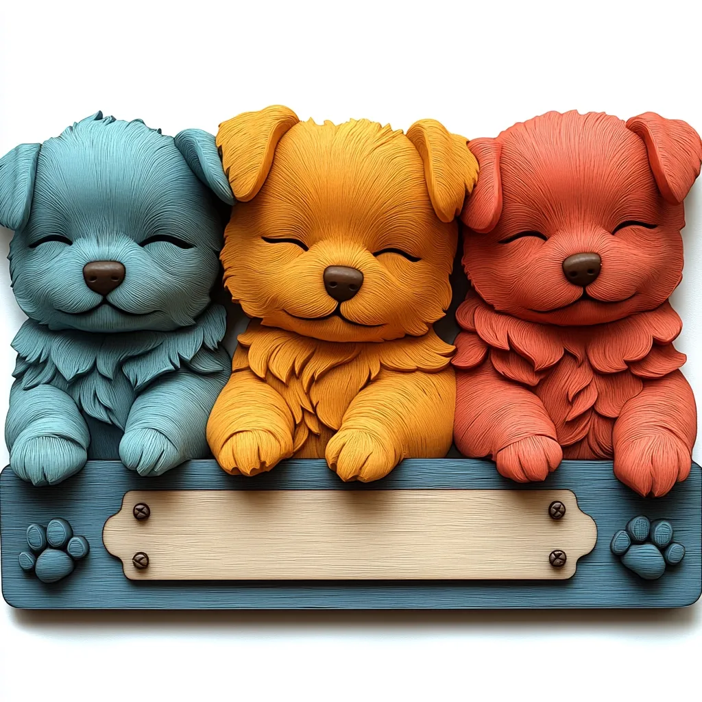 Here's a description of the image:

A charming handcrafted wall hanging features three adorable puppies sculpted in pastel shades of teal, golden yellow, and coral.  Their eyes are closed, giving them a serene expression.  They are positioned side-by-side, perched atop a rectangular sign with a light beige background and a dark teal frame.  The sign has small, decorative paw prints on either side and two visible screws on each side of the beige rectangle, adding to the rustic charm. The puppies' fur is meticulously detailed, creating a realistic, fluffy texture. The overall style is cute, whimsical, and artistic.