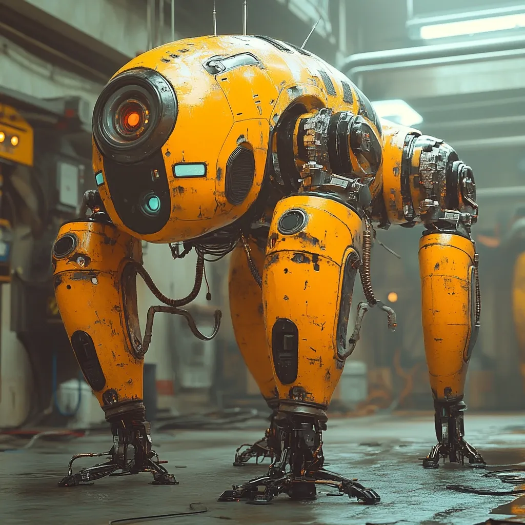 The image shows a quadrupedal robot, predominantly yellow with a weathered, worn appearance.  Its rounded head features a central red eye-like sensor. The robot's legs are thick and segmented, ending in multi-jointed feet.  It stands in what seems to be a dimly lit industrial setting, suggesting a post-apocalyptic or futuristic environment. The overall style is gritty and detailed, emphasizing the machine's worn condition and powerful build.